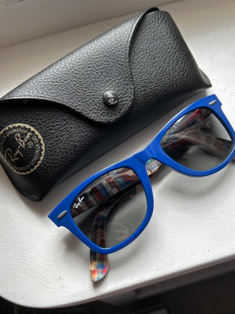 Ray Ban Blue Wayfarer Sunglasses with Interior Plaid Print with Case
